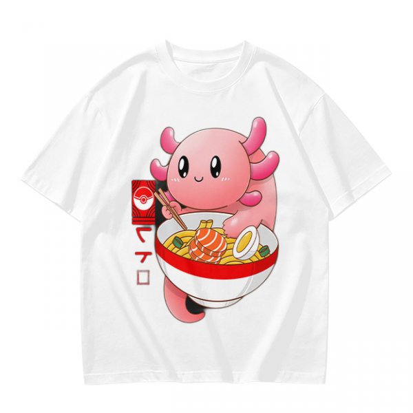 Olive T-Shirt Featuring a Cute Pink Axolotl Eating Ramen