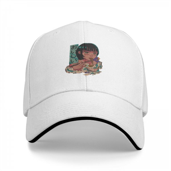 Black baseball cap with anime girl eating ramen graphic