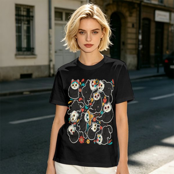 Olive T-Shirt With Day Of The Dead Cat Skull Graphic Print