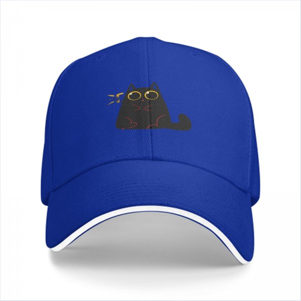 Black baseball cap with surprised cartoon black cat graphic