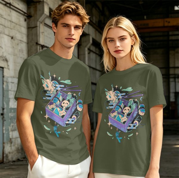 Olive t-shirt with whimsical bento box animal graphic print
