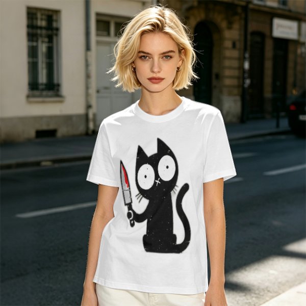 Olive T-shirt with a black cartoon cat holding a bloodied knife