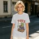 Olive T-shirt with cartoon T-Rex holding small dinosaurs and RAWR text