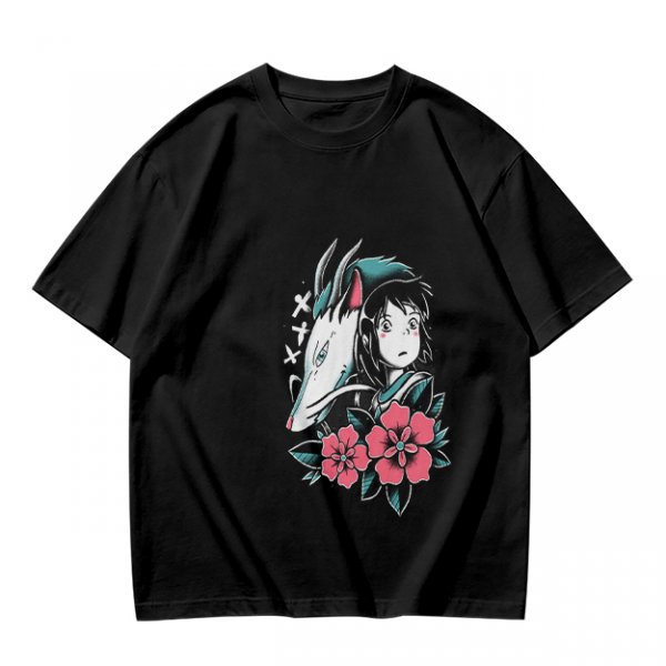 Olive T-shirt with Spirited Away Haku and Chihiro Anime Art Print