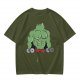 Oversized Army Green T-Shirt With Muscular Frog Lifting Dumbbells Print