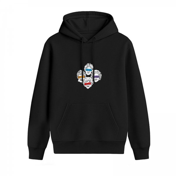 Black hoodie with four stylized senior women wearing colorful glasses graphic