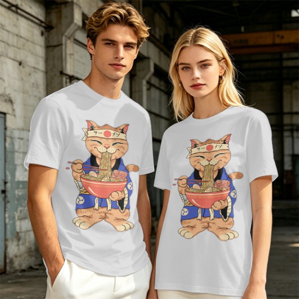 Olive T-Shirt Featuring a Cat in a Headband Eating Ramen