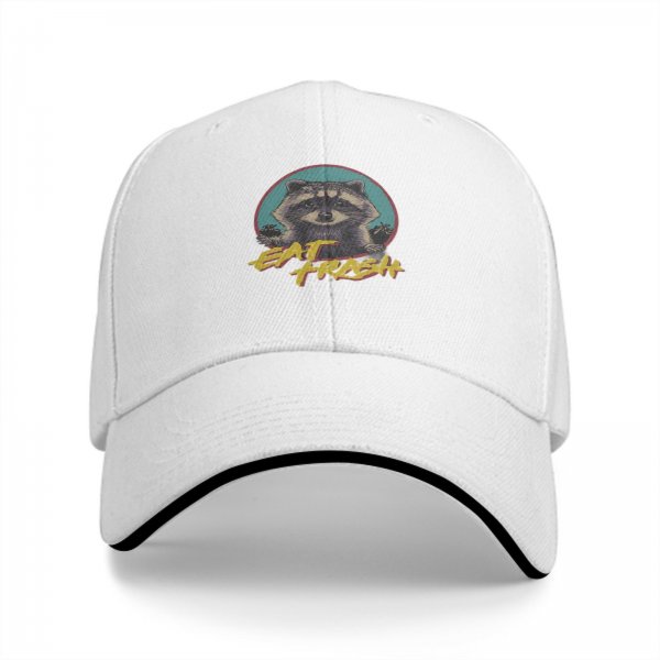 Black baseball cap with raccoon graphic and 'Eat Trash' text