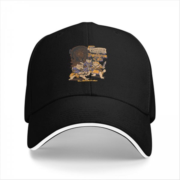 Black baseball cap with fantasy cat adventure graphic print