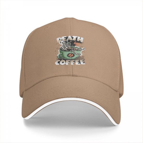Black Baseball Cap With 'Death By Coffee' Skeleton Graphic