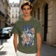 Olive green graphic t-shirt with raccoon eating ramen print