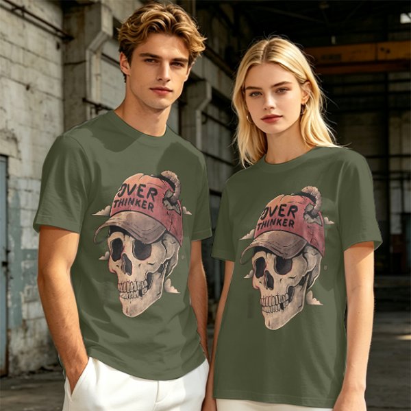 OVER THINKER Skull Graphic Olive T-Shirt