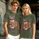 Olive t-shirt with a raccoon holding a fast food trash sign