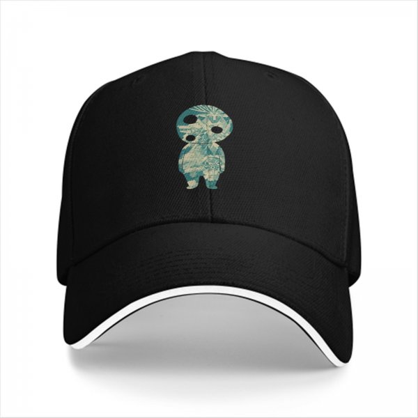 Black Baseball Cap With Kodama Forest Spirit Graphic Print