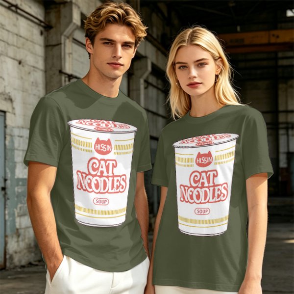 Olive T-shirt with Cat Noodles Cup Print