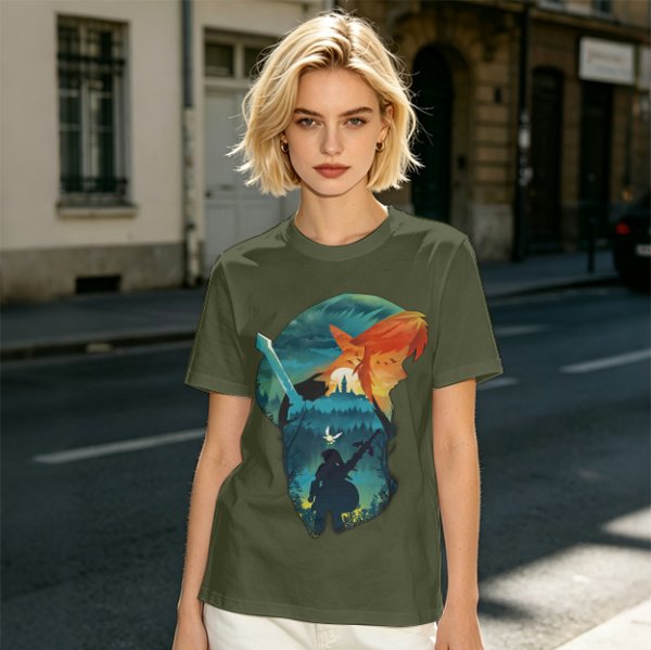 Olive green t-shirt with fantasy warrior silhouette graphic