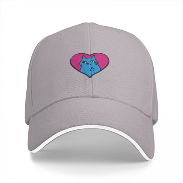 Black Baseball Cap With Blue Cat In Pink Heart Graphic