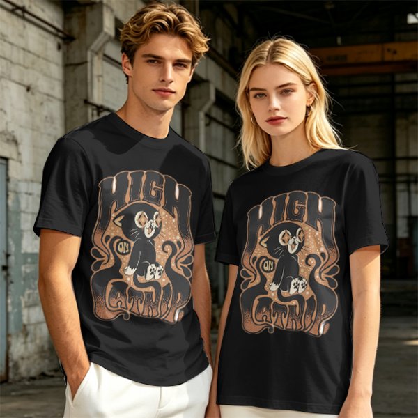 Olive green graphic t-shirt with a high on catip black cat print