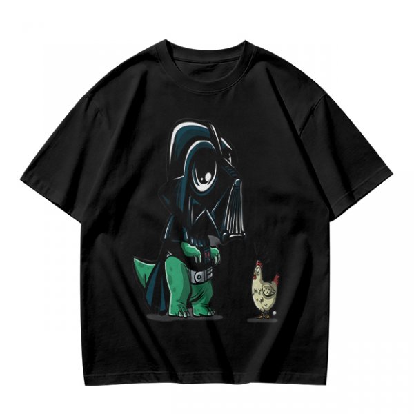 Olive T-shirt with cartoon dinosaur in Darth Vader helmet and chicken print