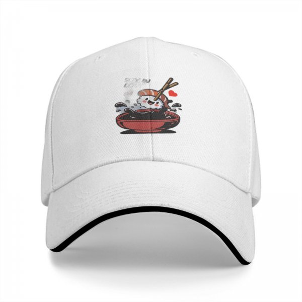 Black Baseball Cap With Cute Sushi In Soy Sauce Bowl Graphic