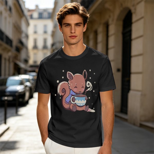 Olive T-Shirt With Cute Squirrel Holding Hot Drink Winter Art
