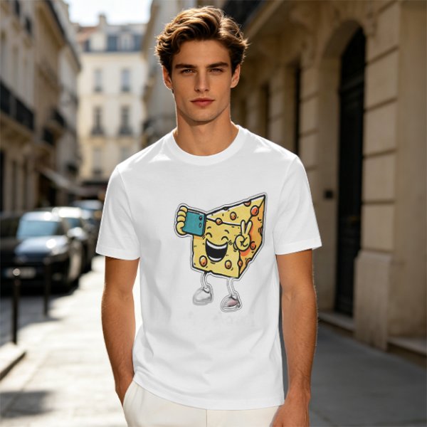 Olive T-shirt with a cartoon cheese taking a selfie and making a peace sign