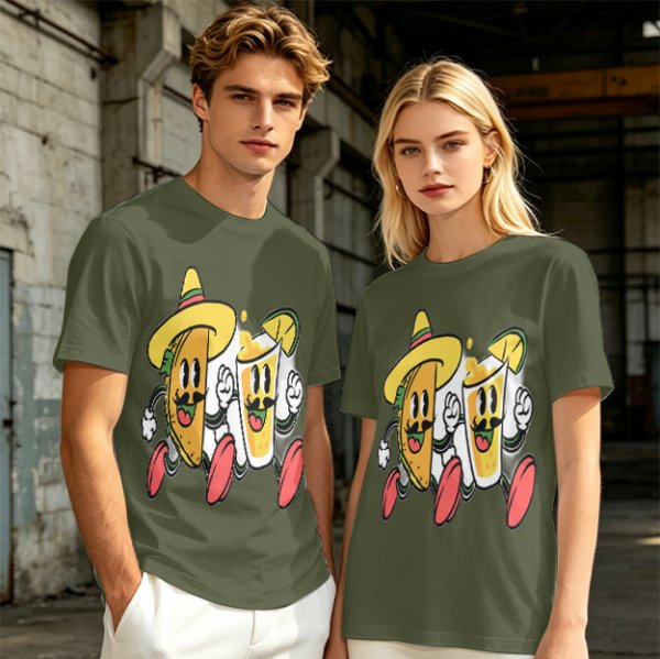 Olive T-Shirt with Cartoon Taco and Beer Graphic