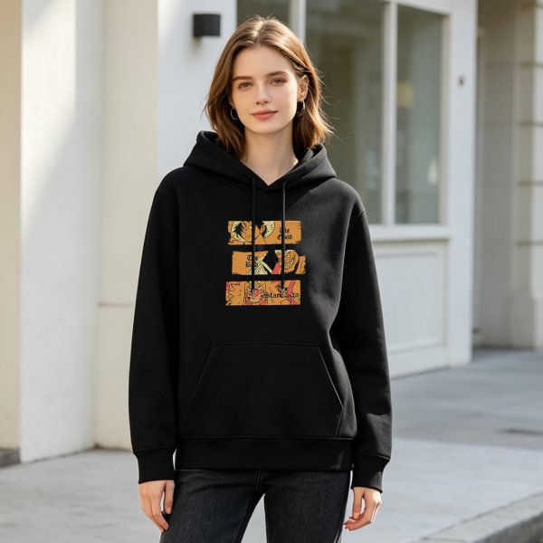 Black hoodie with One Piece themed graphic print
