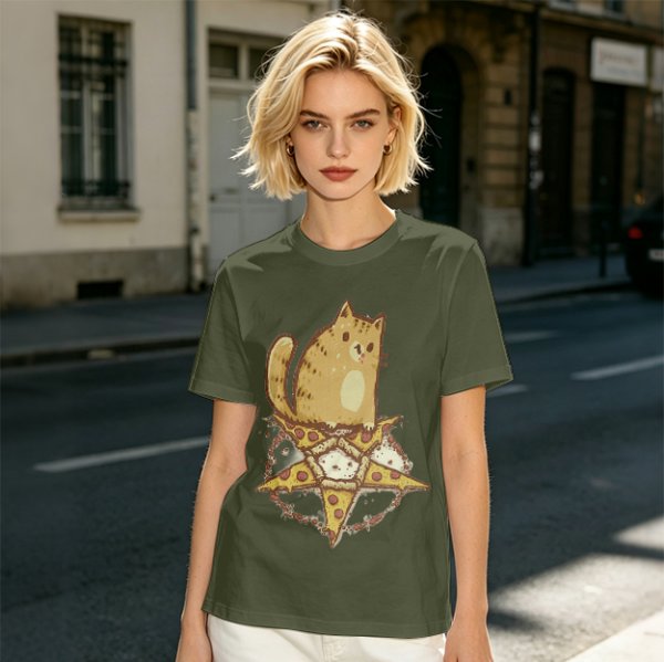 Olive T-Shirt With Cat Sitting On Pizza Pentagram Artwork