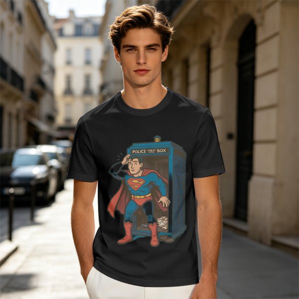 Olive T-shirt with Superman emerging from TARDIS police box graphic