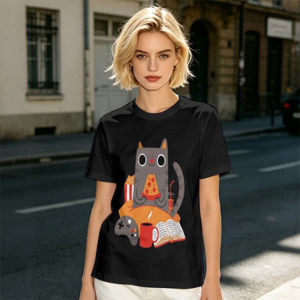 Olive T-Shirt With Cozy Cat Eating Pizza And Gaming Print