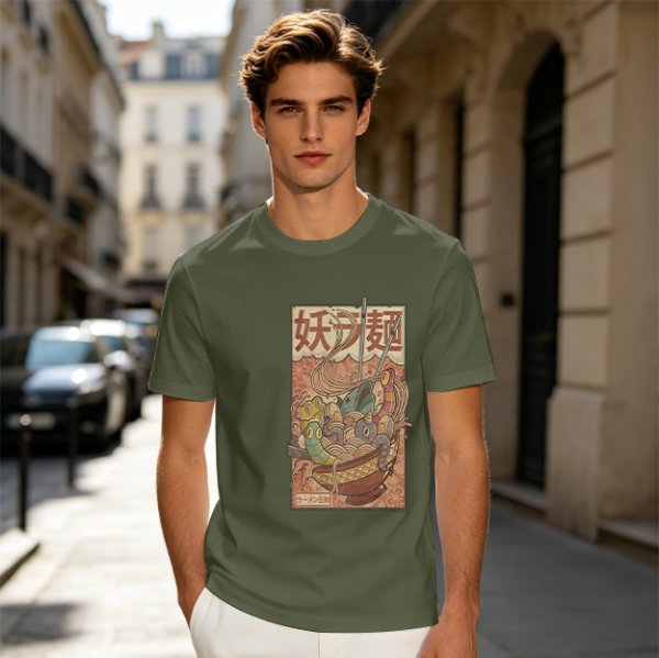 Olive T-shirt with Vintage Yokai Ramen Bowl Graphic Print