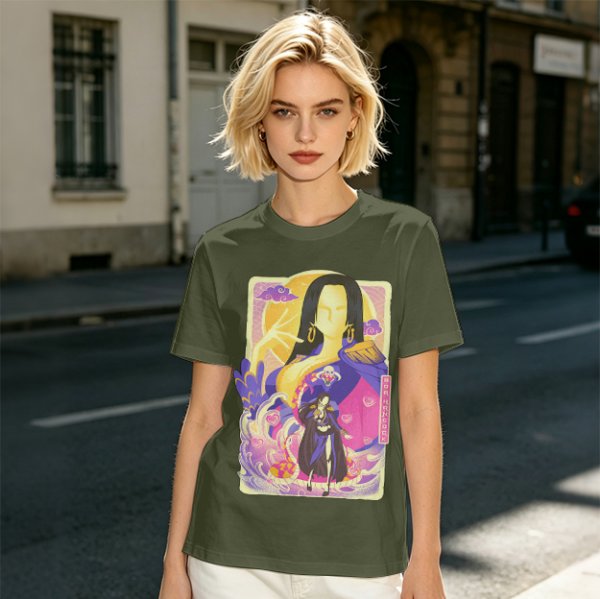 Oriental anime character graphic olive green casual t-shirt