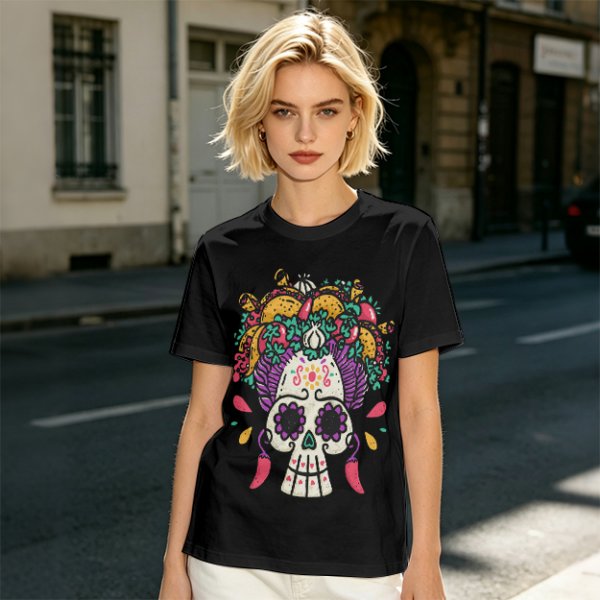 Olive T-Shirt with Day of the Dead Sugar Skull and Taco Food Art
