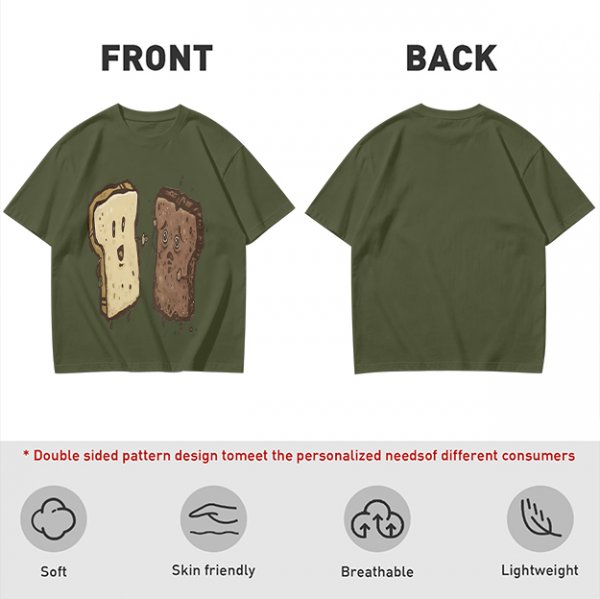 Olive T-Shirt With Surprised Light And Sad Burnt Bread Slices Graphic
