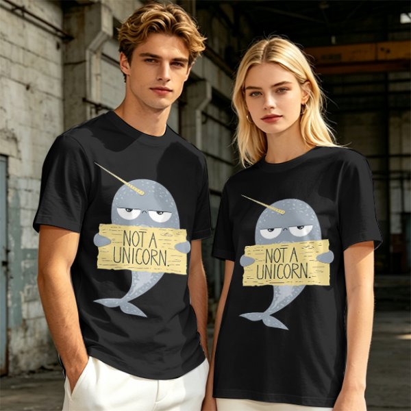 Olive T-Shirt With Grumpy Narwhal Holding Not A Unicorn Sign