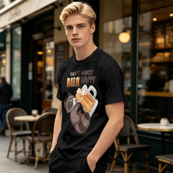 Oversized olive t-shirt with raccoon drinking beer graphic