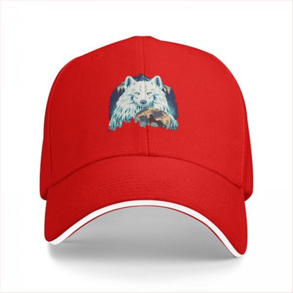 Black Baseball Cap With White Wolf And Moon Graphic Design