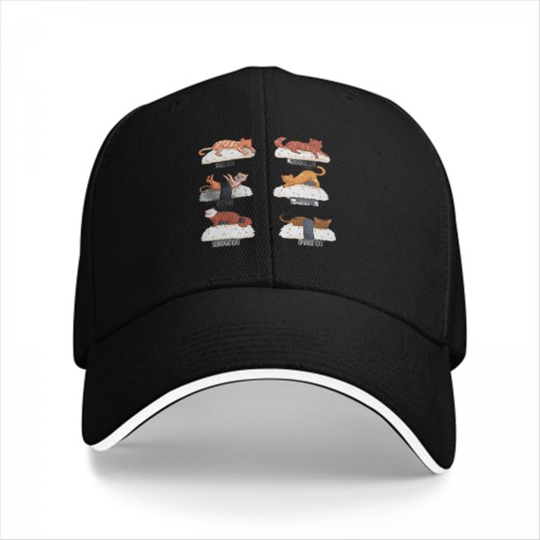 Black Baseball Cap With Sushi Cat Illustrations