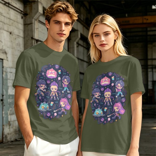 Olive T-shirt with Chibi Fantasy Characters and Whimsical Art Print