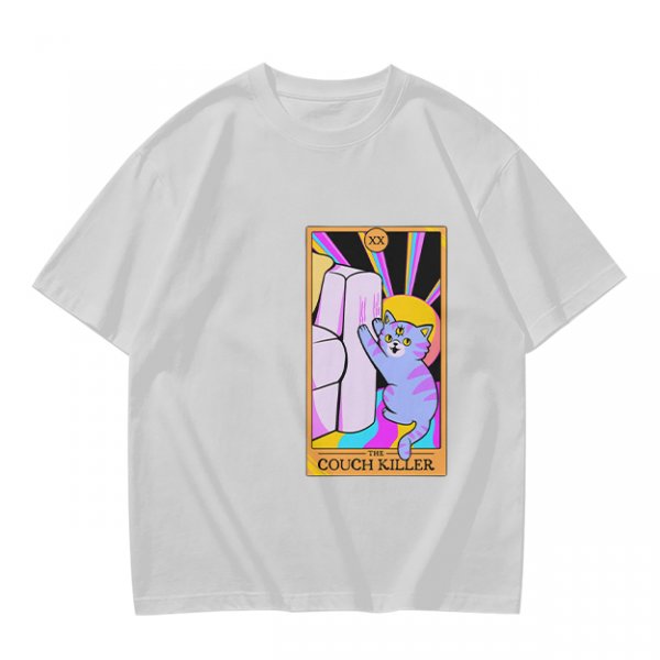 Olive green t-shirt with three-eyed cat couch killer tarot-style graphic
