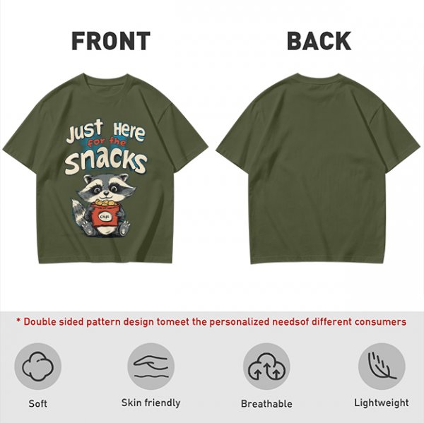 Olive green t-shirt with 'Just Here for the Snacks' and raccoon graphic