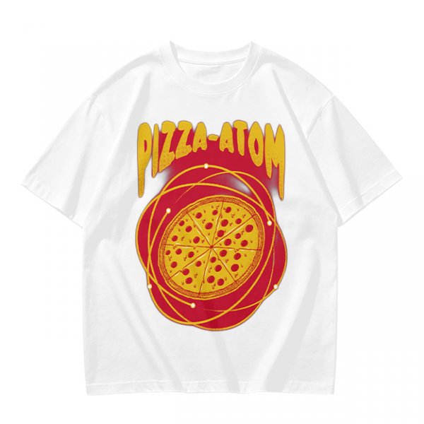 Olive green graphic t-shirt with pizza atom design
