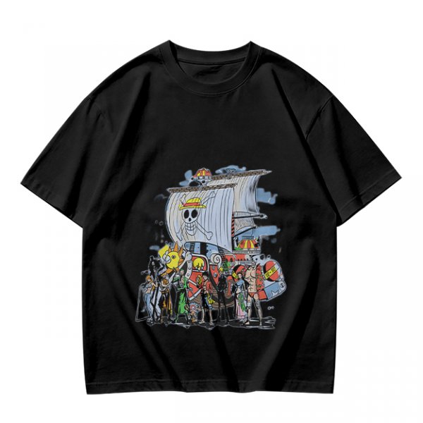 Olive T-Shirt with One Piece Straw Hat Pirates Crew and Ship Print