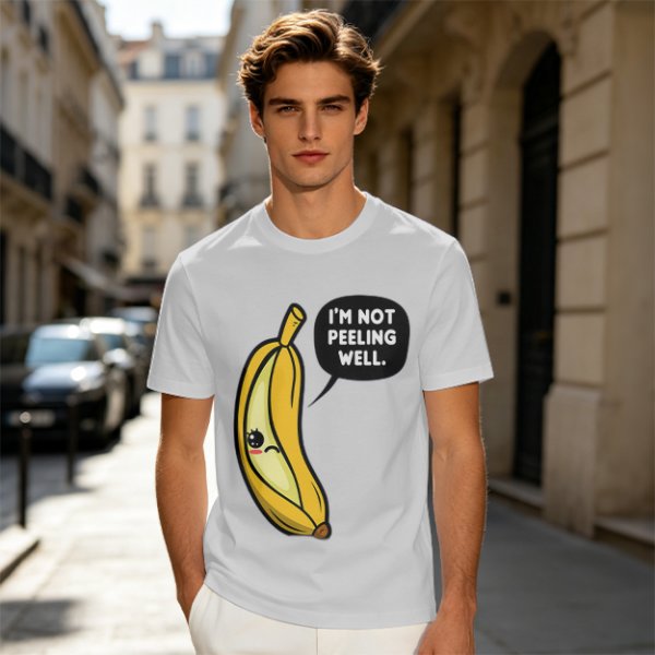 Olive T-shirt with sad banana graphic reading I'm not peeling well