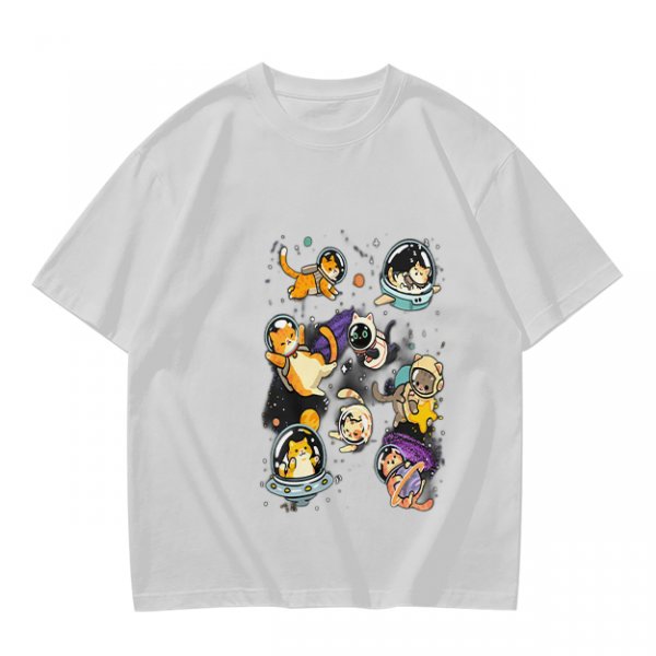 Olive T-Shirt With Playful Space Cats Graphic Print