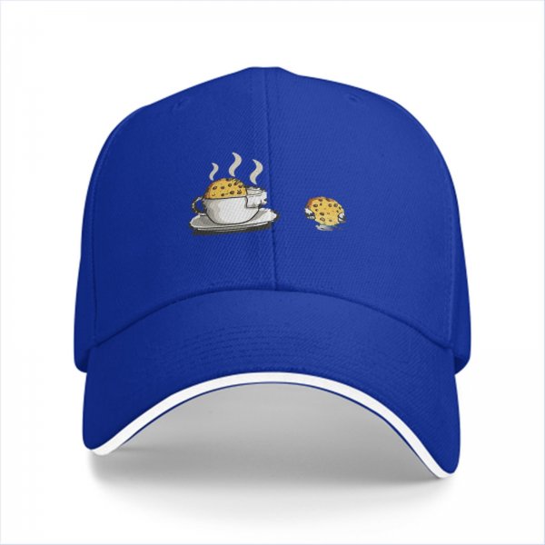 Black Baseball Cap with Coffee and Cookie Graphic Design