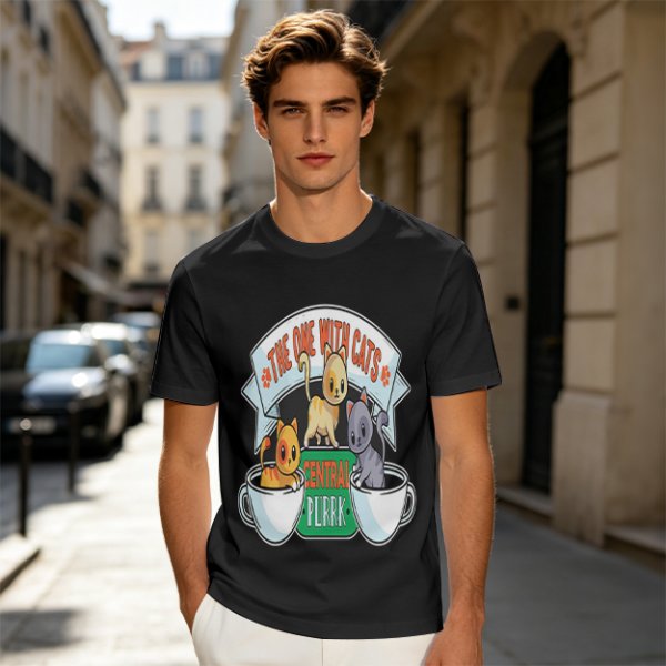 Olive green t-shirt with cat coffee cup graphic and playful text design