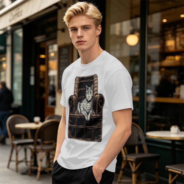 Olive Green T-Shirt With Cat In Armchair Graphic Print