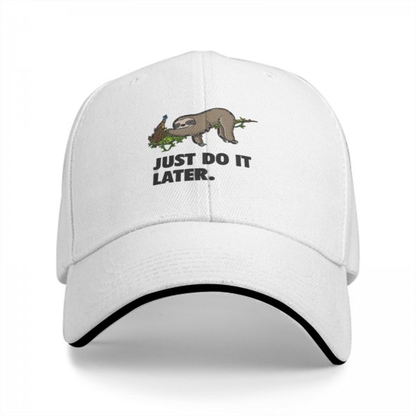 Black baseball cap with sloth graphic and 'Just Do It Later' text